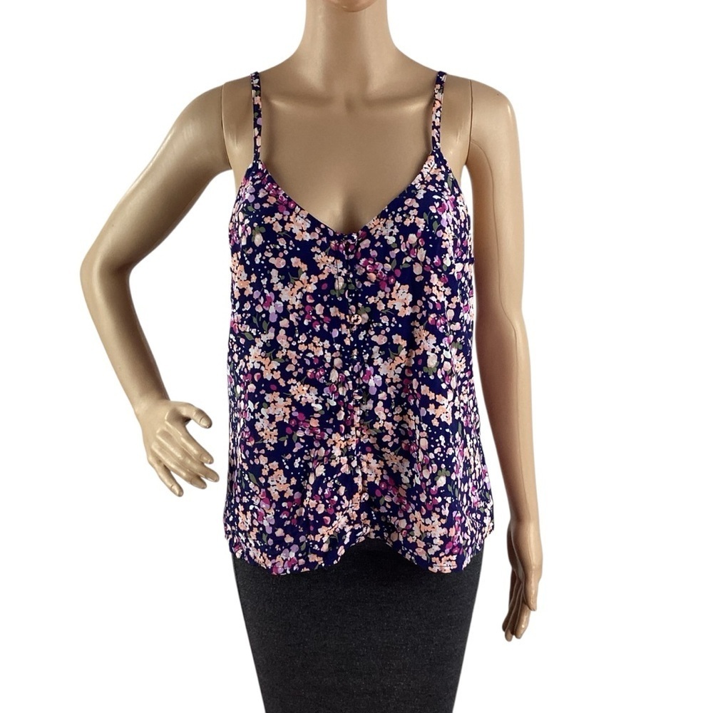 Sanctuary Floral V-Neck Cami Tank Navy Pink Print Size M